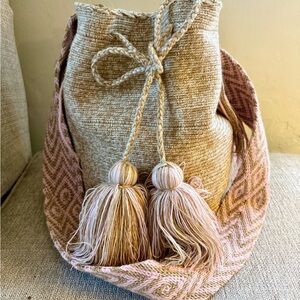 Wayuu Tribe Beige and Pink Tassel Shoulder Bucket Bag